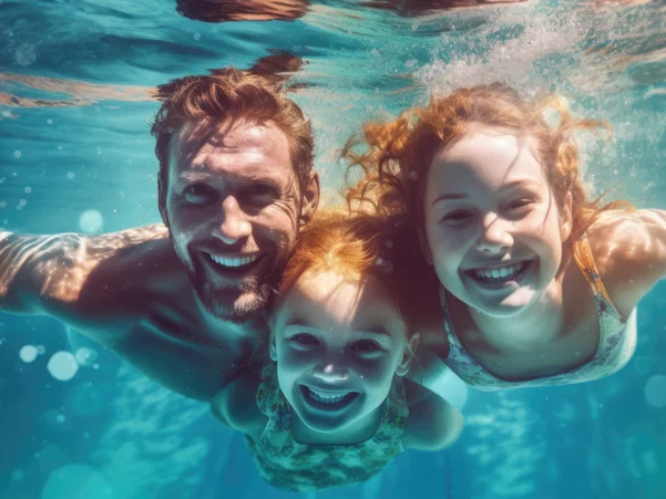 Oče in dve hčerki plavajo pod vodo v bazenu z odprtimi očmi