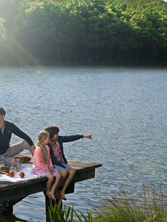 Štiričlanska družina ima piknik na leseni razgledni ploščadi ob jezeru