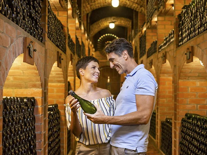 Moški in ženska uživata v vinski kleti s steklenico vino v roki