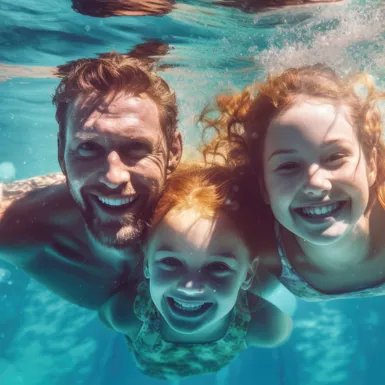 Oče in dve hčerki plavajo pod vodo v bazenu z odprtimi očmi
