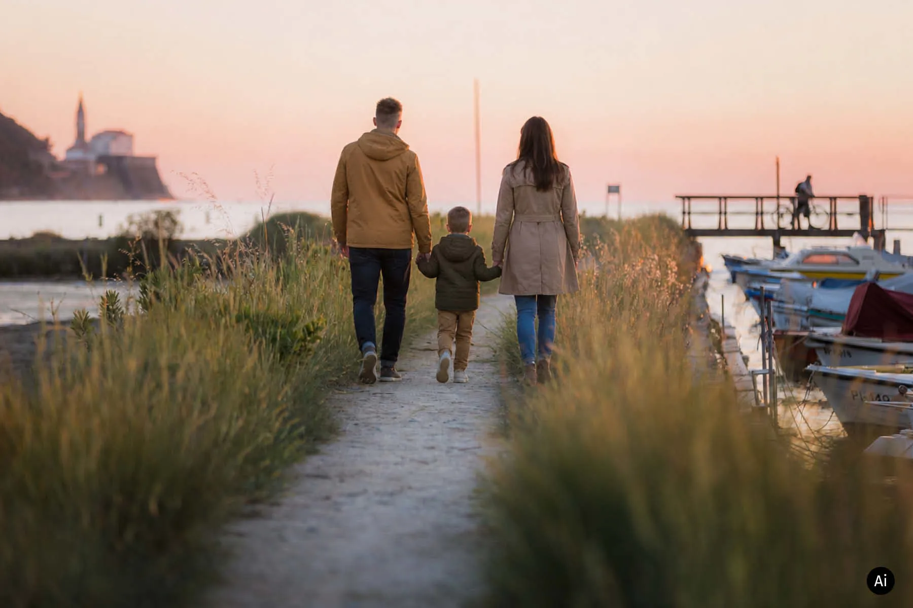 Family with a child enjoying an autumn walk along the Slovenian coast