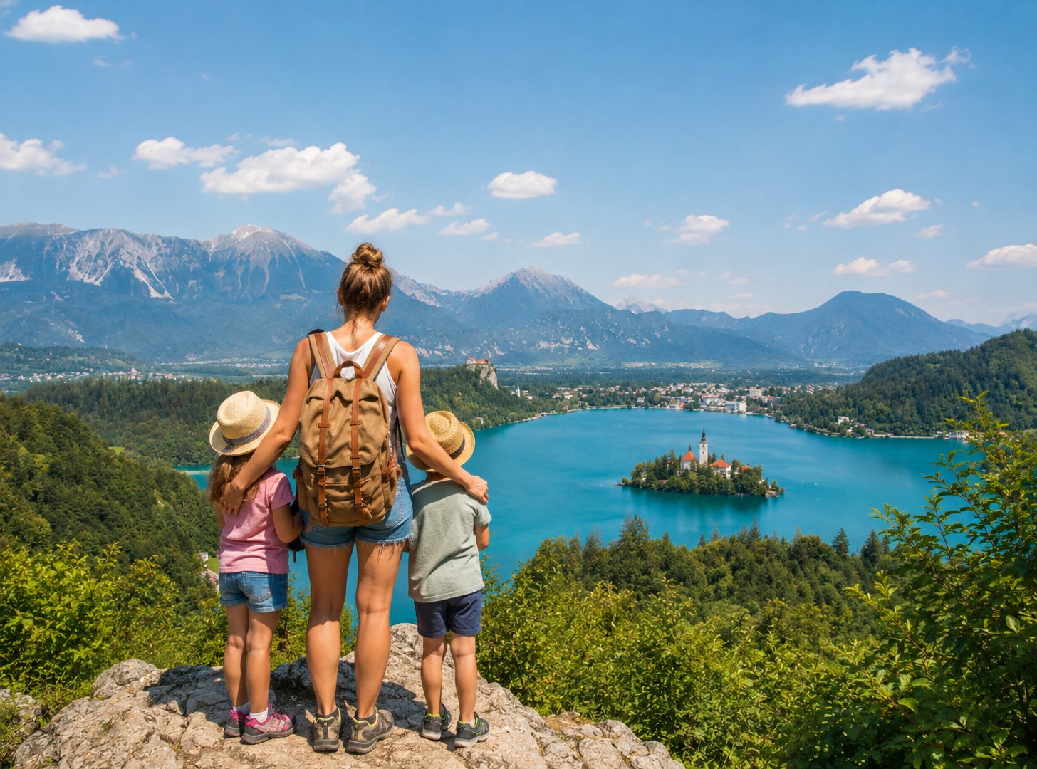 Družina v naravi z razgledom na Blejsko jezero in Blejski otok