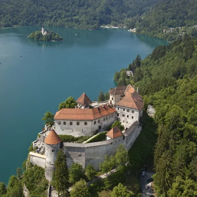 Panoramski pogled na mogočen Blejski grad, okoliške gozdove, jezero in otoček s cerkvijo