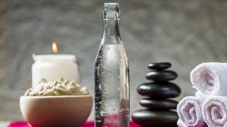 Sveče, steklenica mineralne vode, brisače in skleda s kremo